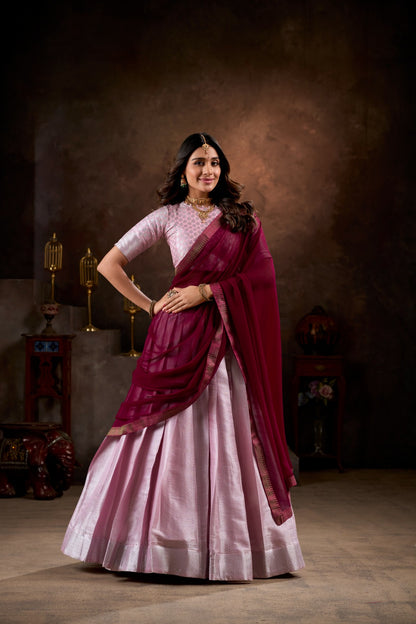 Georgette Dupatta with Weaving Lace Border Paired with Jacquard Silk Lehenga