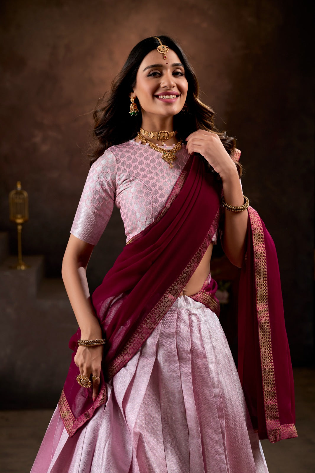 Close-up of Weaving Work on Jacquard Silk Blouse and Lehenga