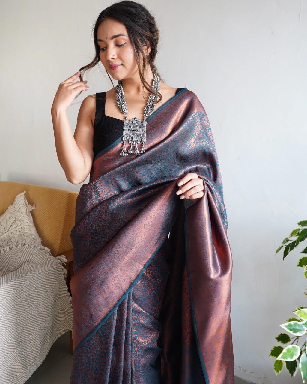 Close-up of Copper Zari Weaving on Soft Silk Saree