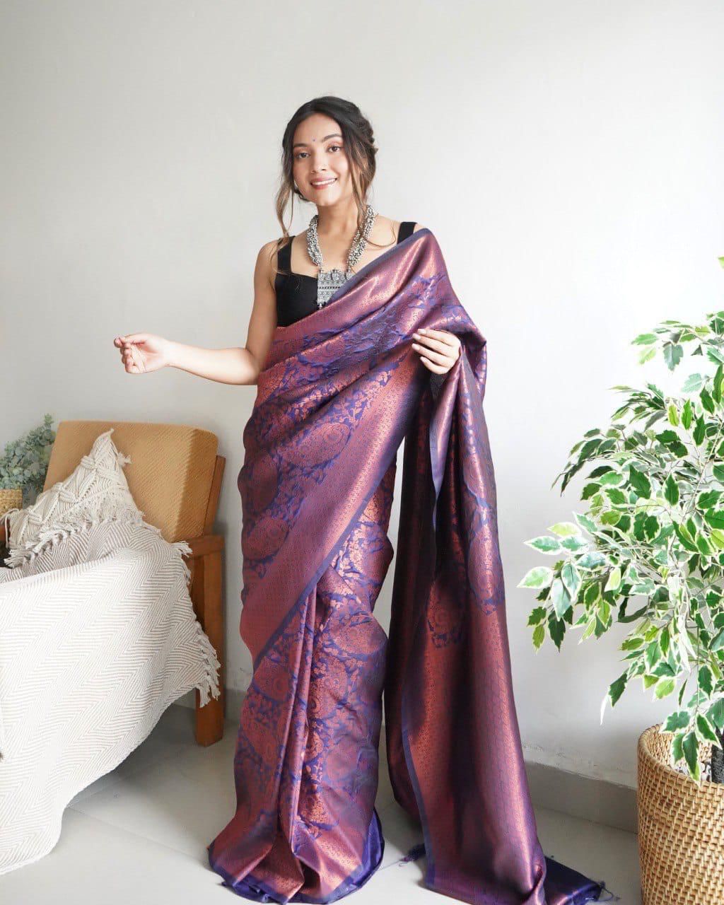 Close-up of Copper Zari Weaving on Soft Silk Saree