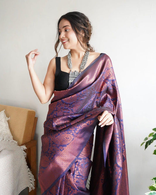 Pure Soft Silk Copper Zari Saree with Brocade Blouse – Full View