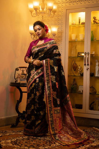 KRITIKA Banarasi Silk Saree with Colorful Meena Weaves and Contrast Border – Full View