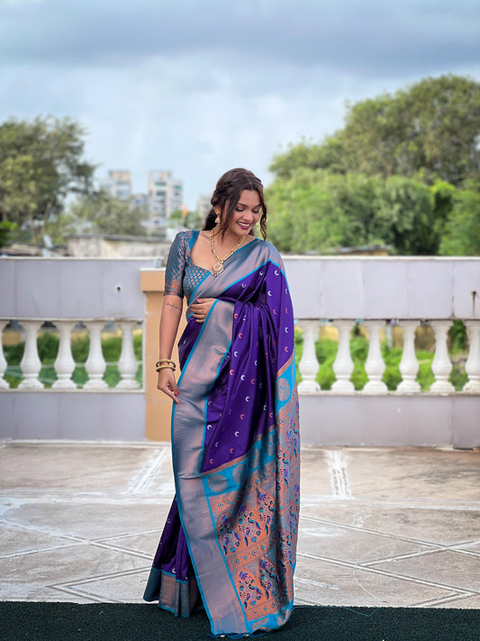 Chandrakore Paithani Saree in Soft Pethani Silk with Gold & Silver Zari Weaving – Full View