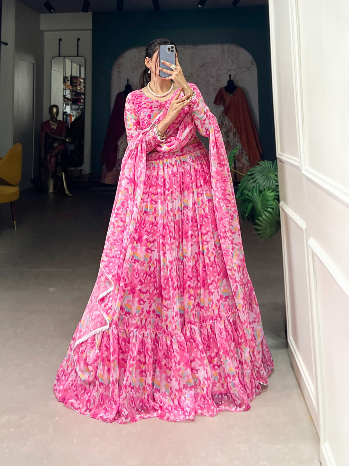 Detailed View of 10-Meter Flair and Canvas Stitching on Georgette Lehenga