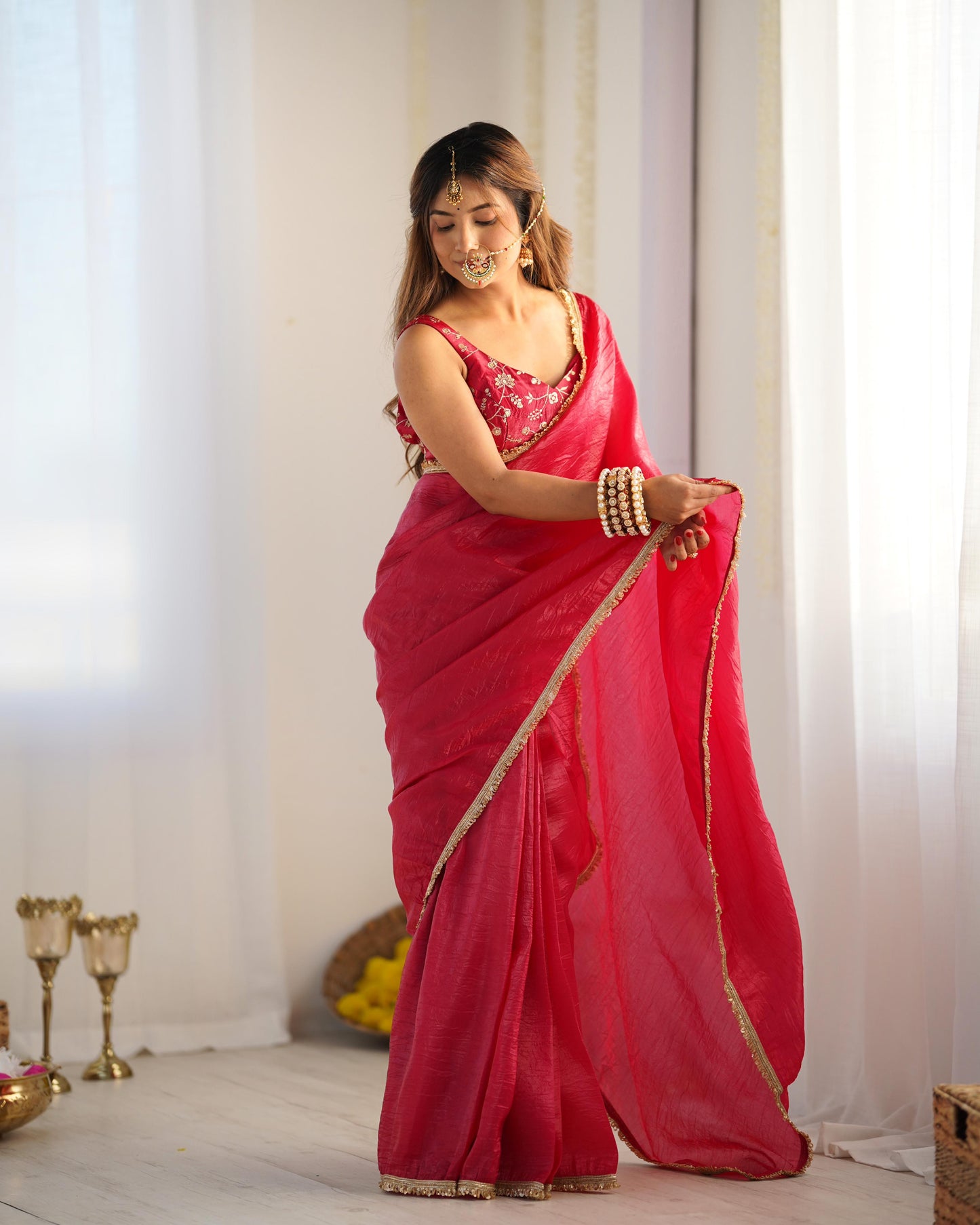 Pre-Draped Saree with Fancy Lace Border – Side View