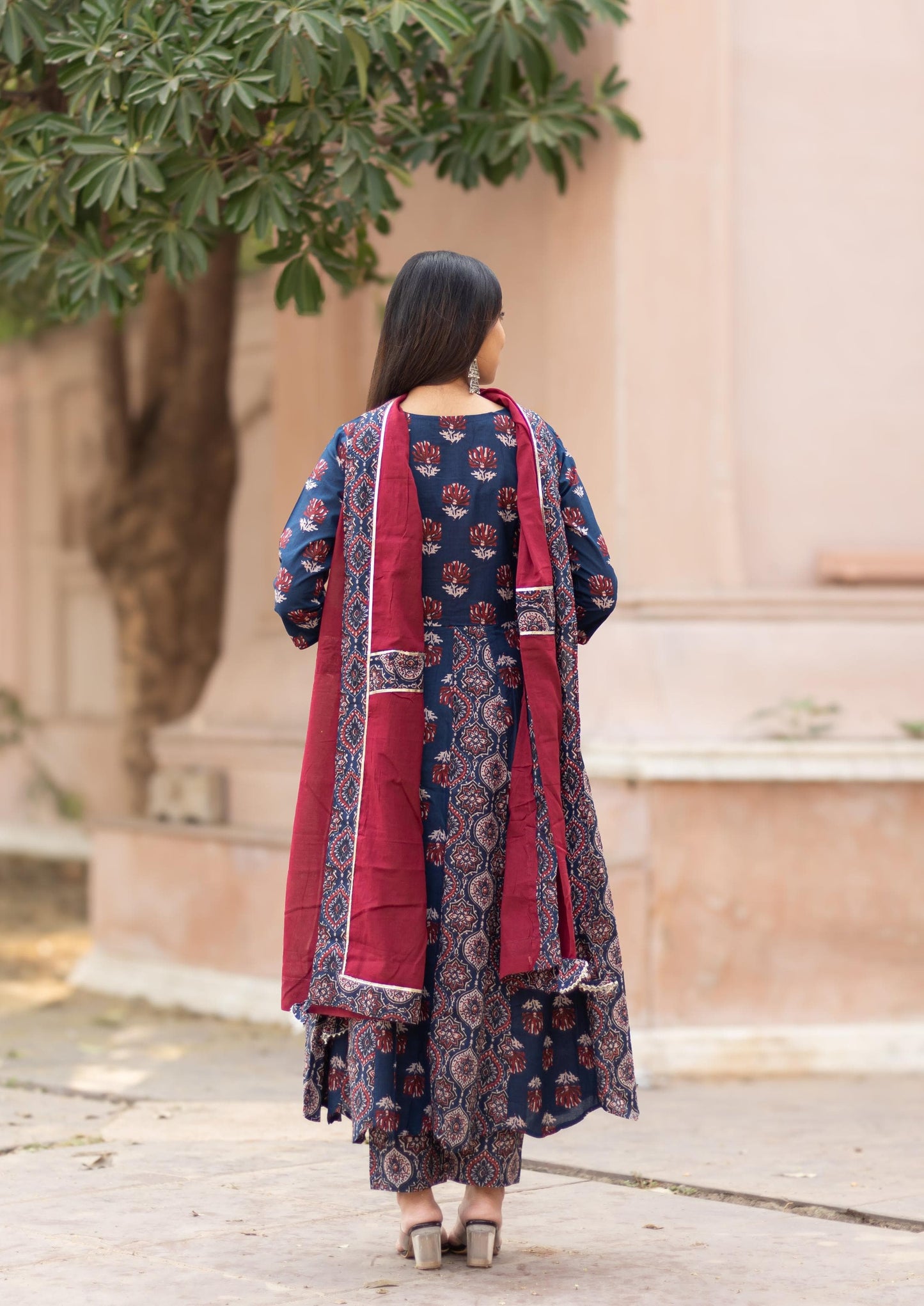 Ajrakh Print Cotton Anarkali Set in Maroon and Navy Blue – Full View