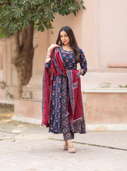 Ajrakh Print Cotton Anarkali Set in Maroon and Navy Blue – Full View