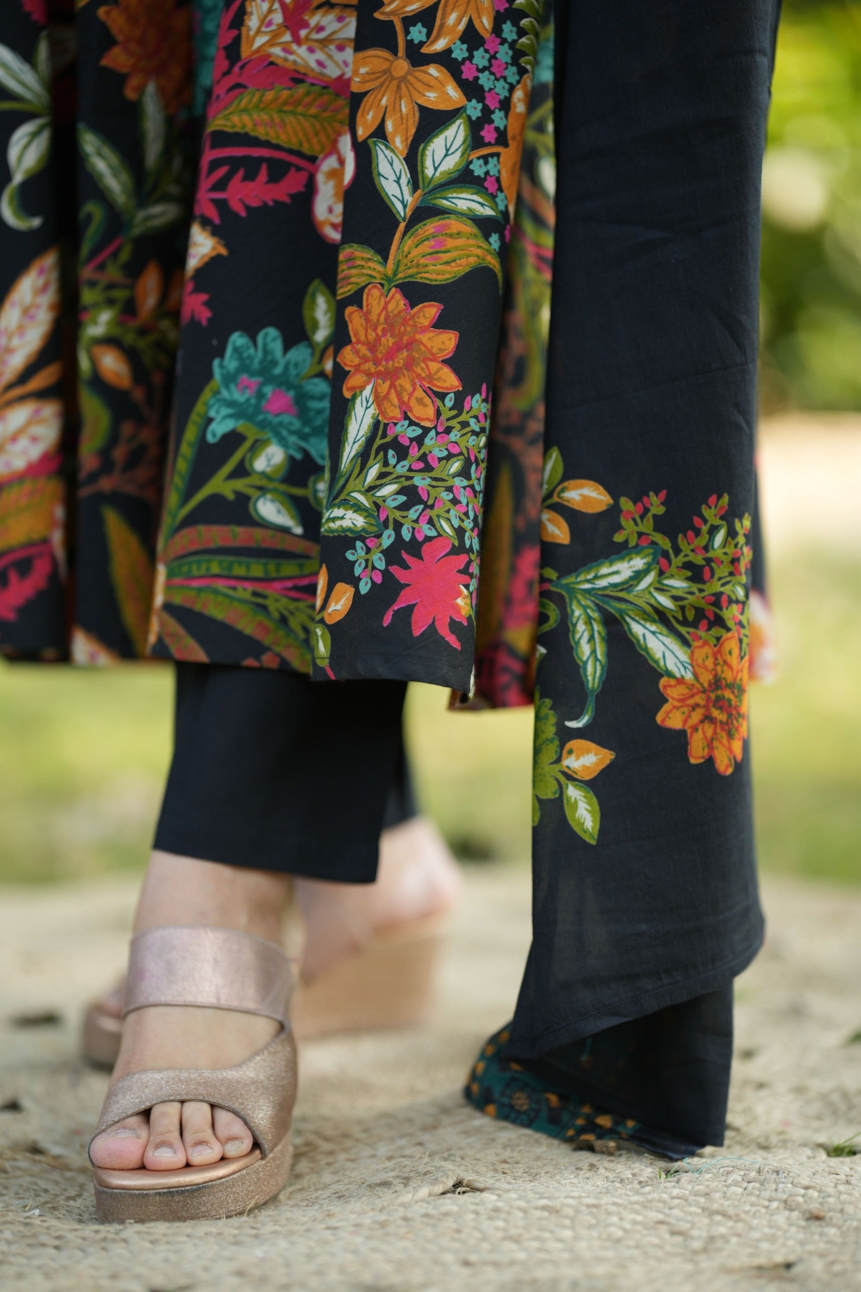 Close-up of Floral Print and Thread Embroidery