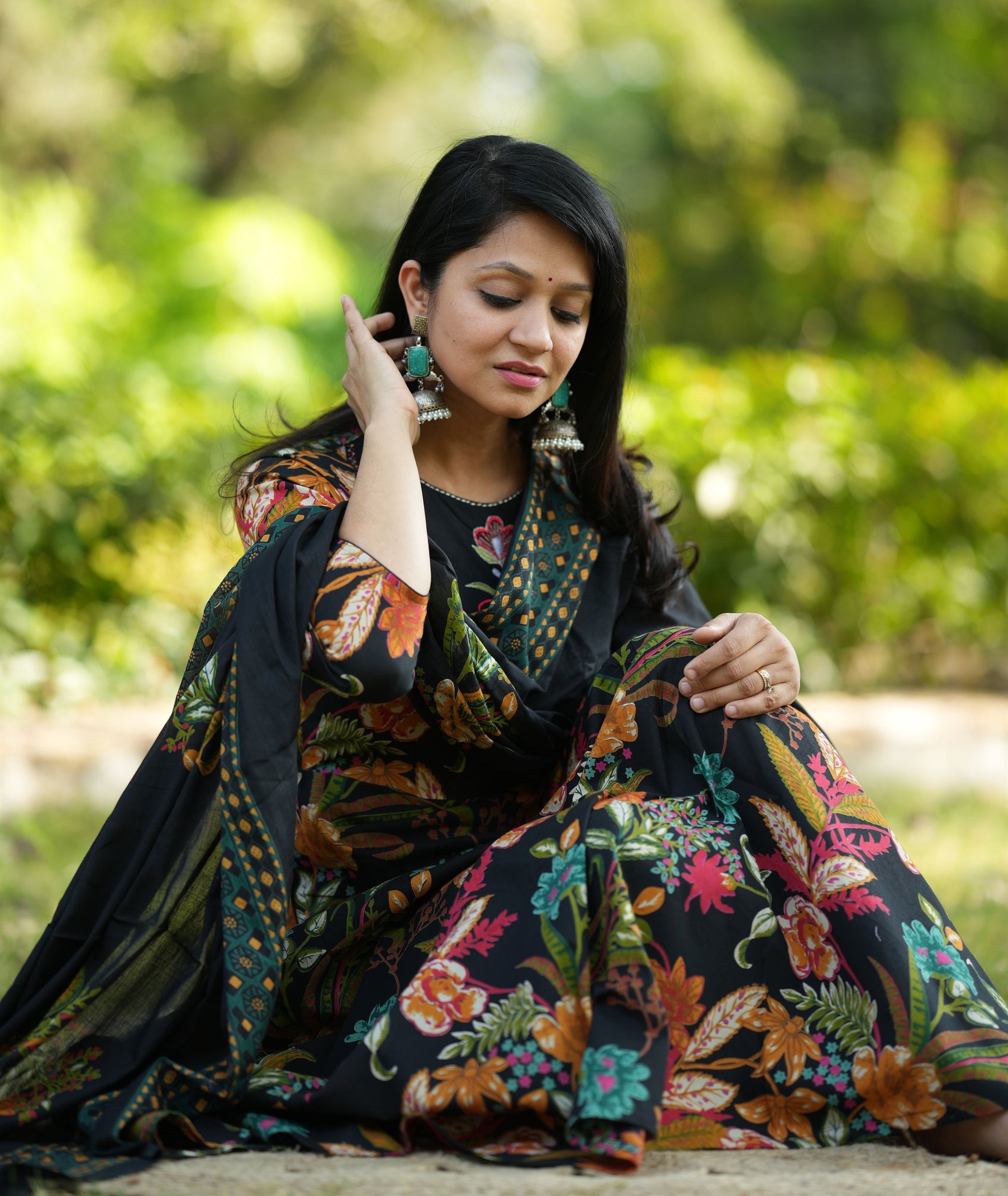 Close-up of Floral Print and Thread Embroidery