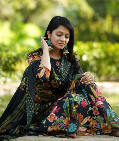 Close-up of Floral Print and Thread Embroidery