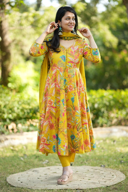 Floral Cotton Anarkali with Hand Zari Embroidery – Front View