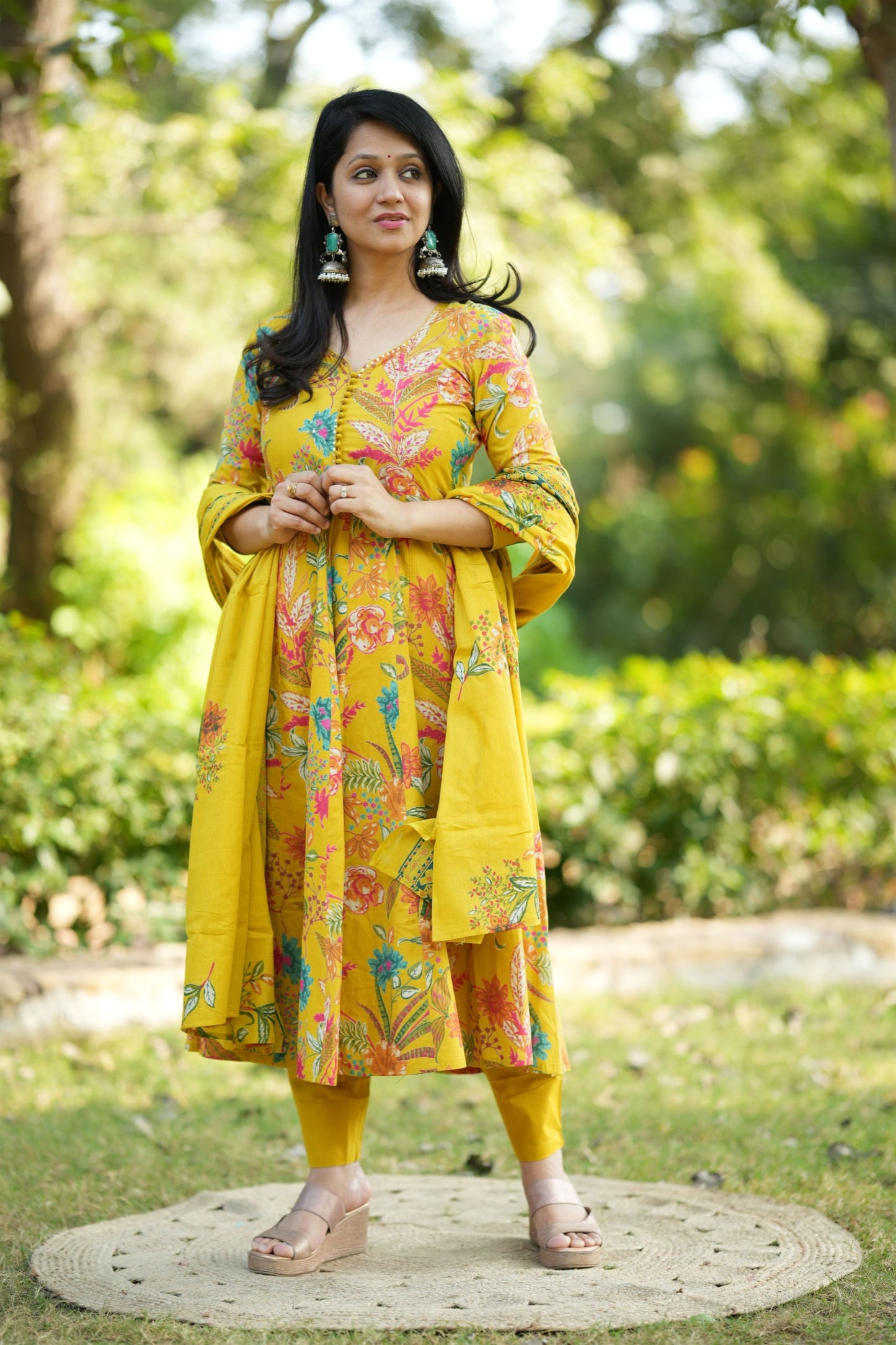 Floral Cotton Anarkali with Hand Zari Embroidery – Front View