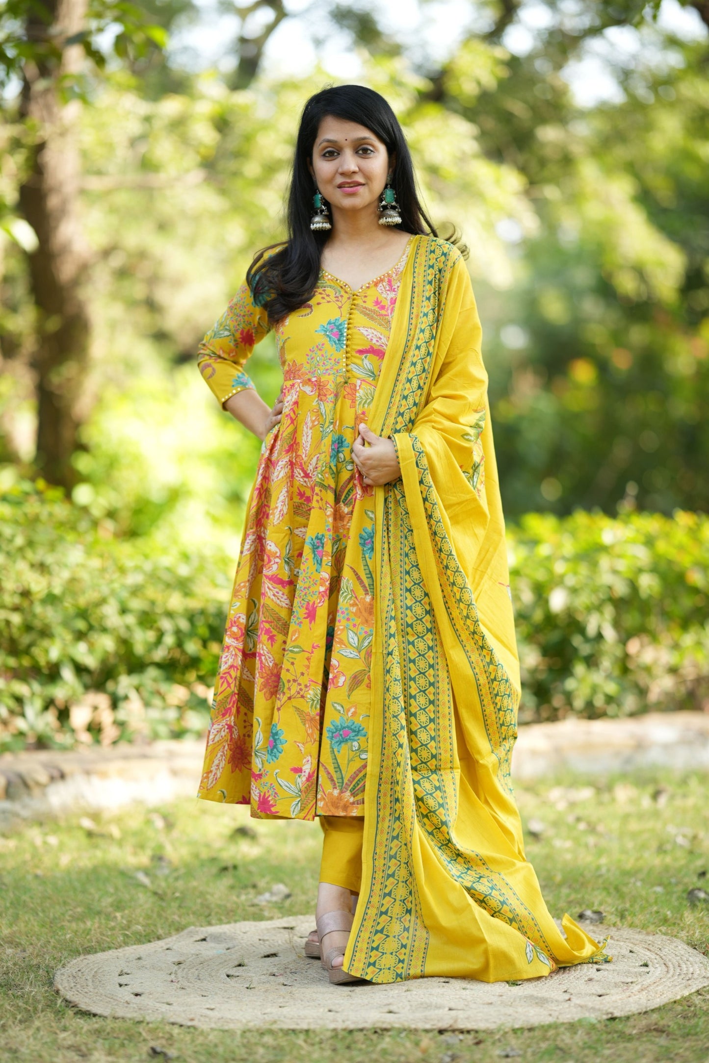 Vibrant Floral Cotton Anarkali – Close-Up of Embroidery