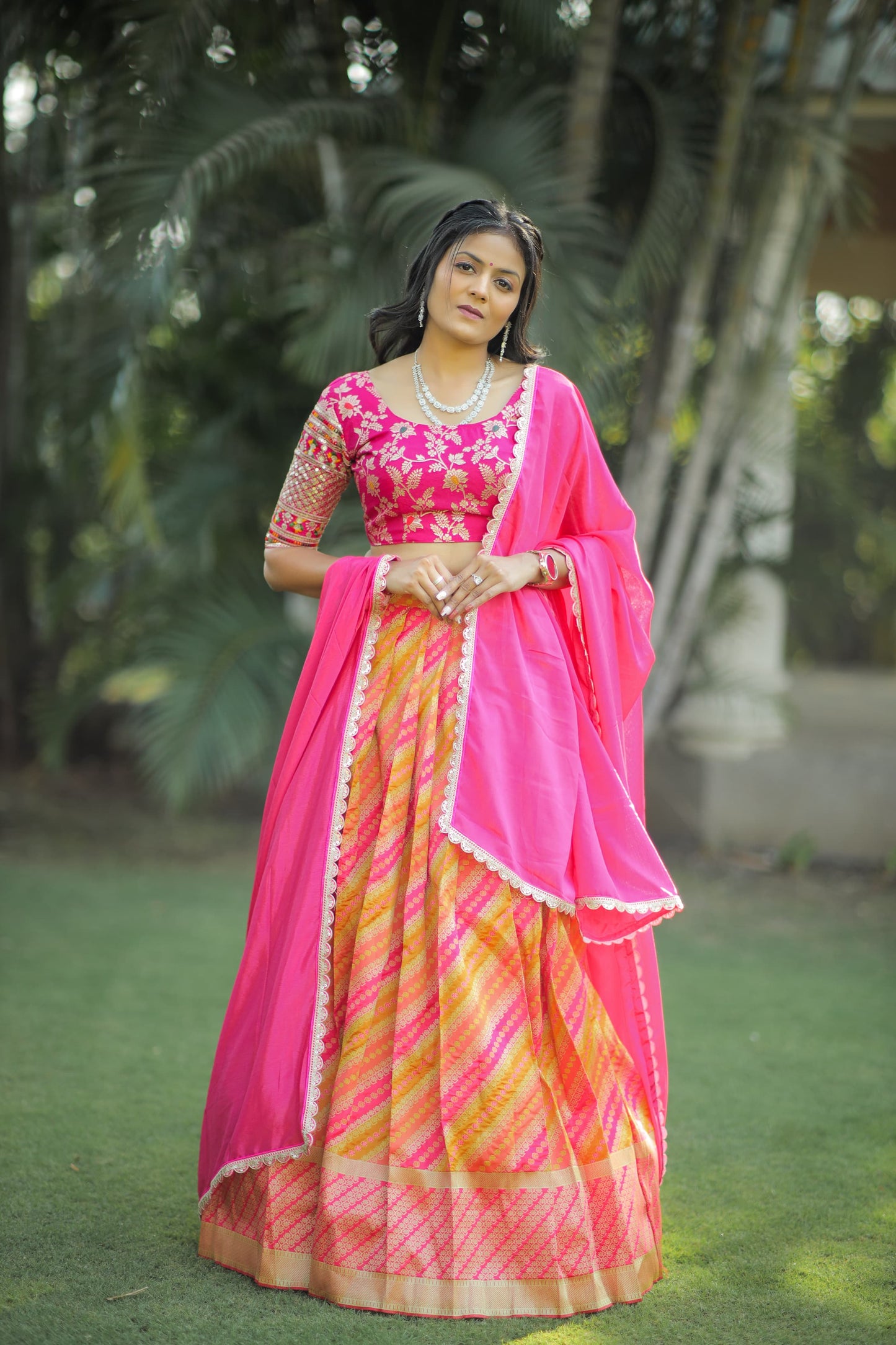 Half Saree in Pure Silk with Zari Weaving – Front View