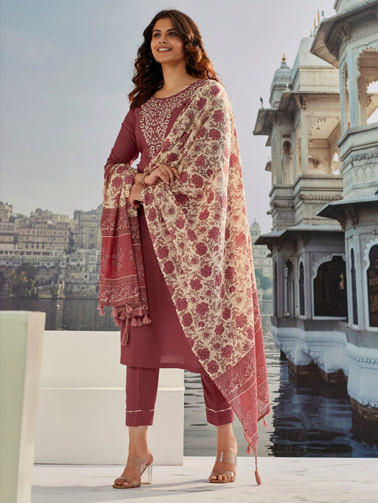 Cotton Silk Embroidered Suit Set with Chanderi Dupatta