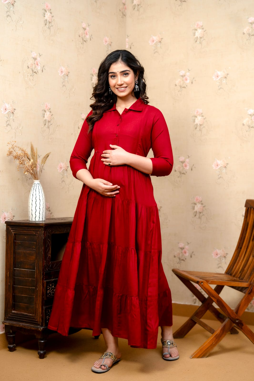 Women's maternity gown in soft rayon fabric, featuring a collared neck, four-tier design, and dual zippers for nursing