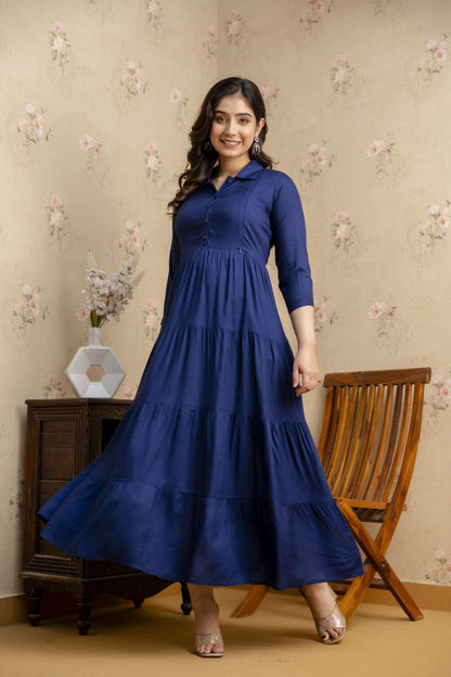 Women's maternity gown in soft rayon fabric, featuring a collared neck, four-tier design, and dual zippers for nursing