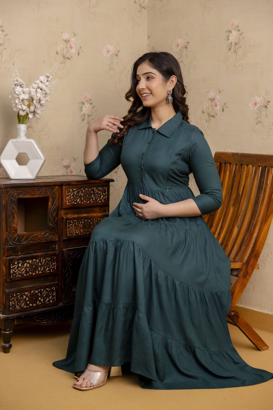 Women's maternity gown in soft rayon fabric, featuring a collared neck, four-tier design, and dual zippers for nursing