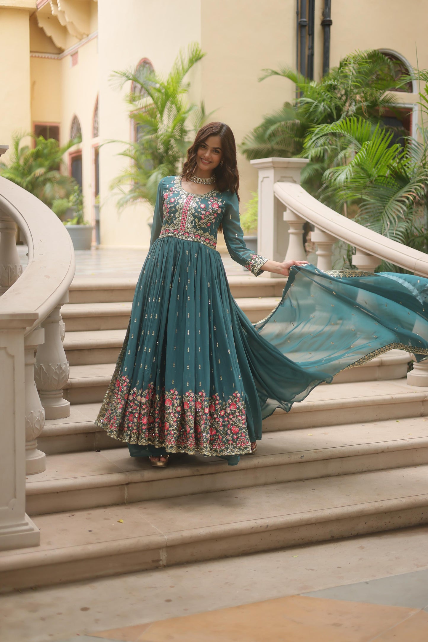 Premium designer sharara suit with faux georgette fabric, sequins embroidery, and dupatta, perfect for festive occasions.