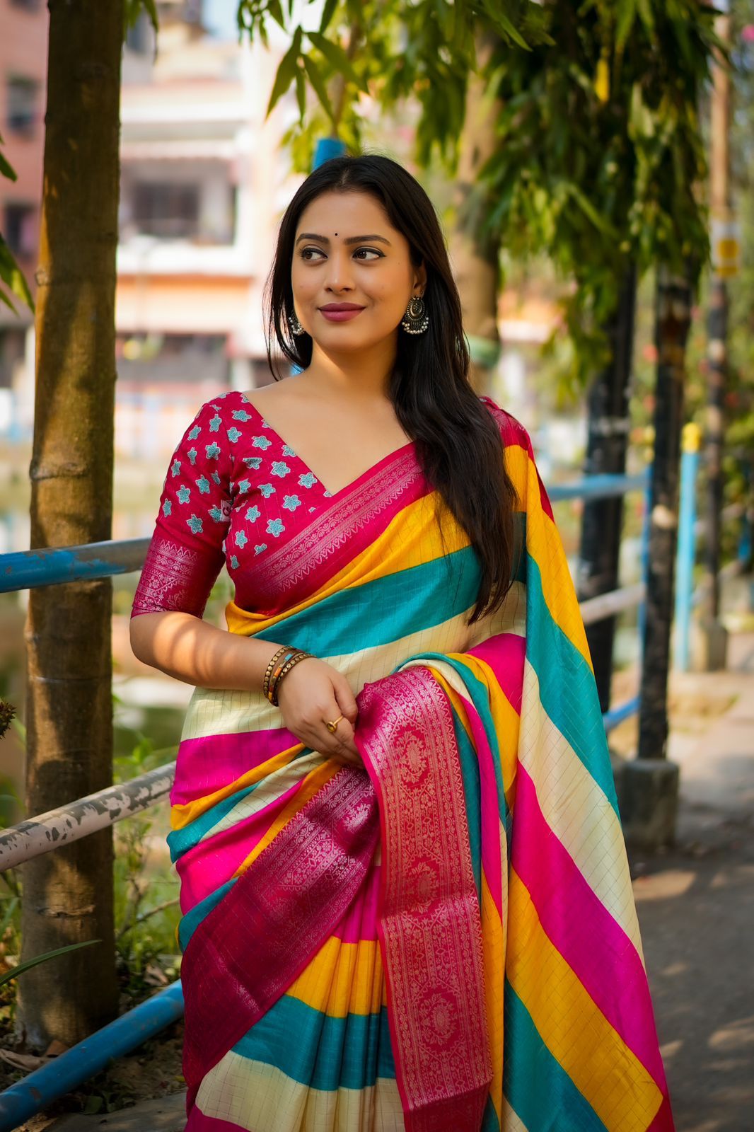 Soft cotton crape chex saree with zari woven border, multi-colored stripes, and running chex blouse with butti print, 6.3 meters in length.