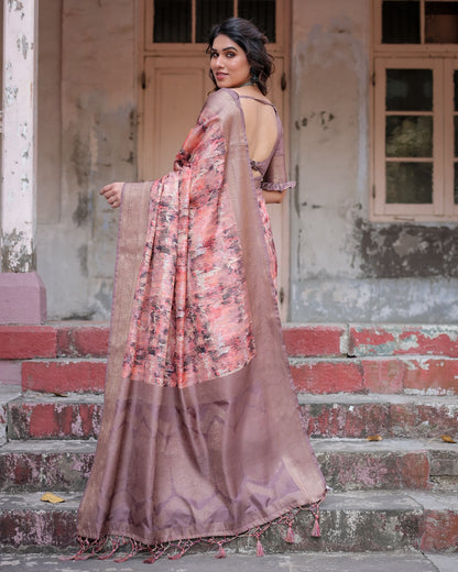 Banarasi digital printed silk saree with mauve base, tassels, abstract patterns, and artistic pallu