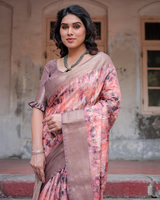 Banarasi digital printed silk saree with mauve base, tassels, abstract patterns, and artistic pallu