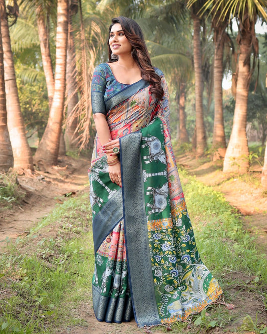 Exclusive Tussar Silk Saree with vibrant temple motifs and intricate pallu design in green, red, and blue