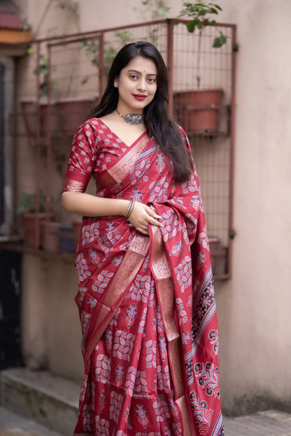 Ajrakh Cotton Silk Saree with Zari Pattu Woven Border and Matching Blouse