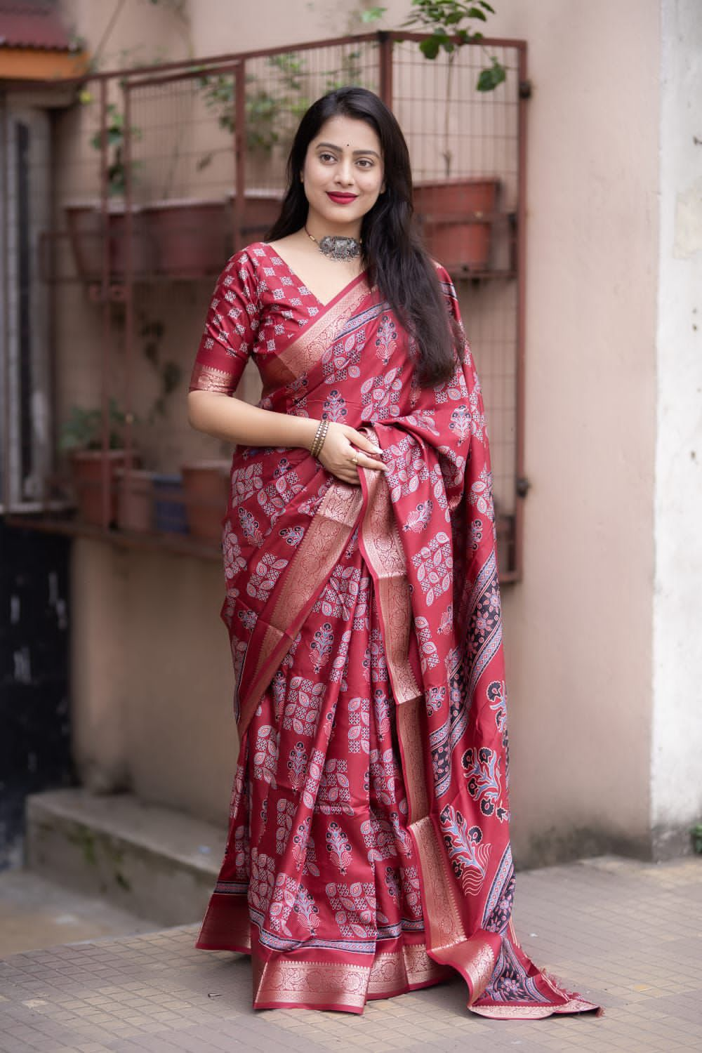 Ajrakh Cotton Silk Saree with Zari Pattu Woven Border and Matching Blouse