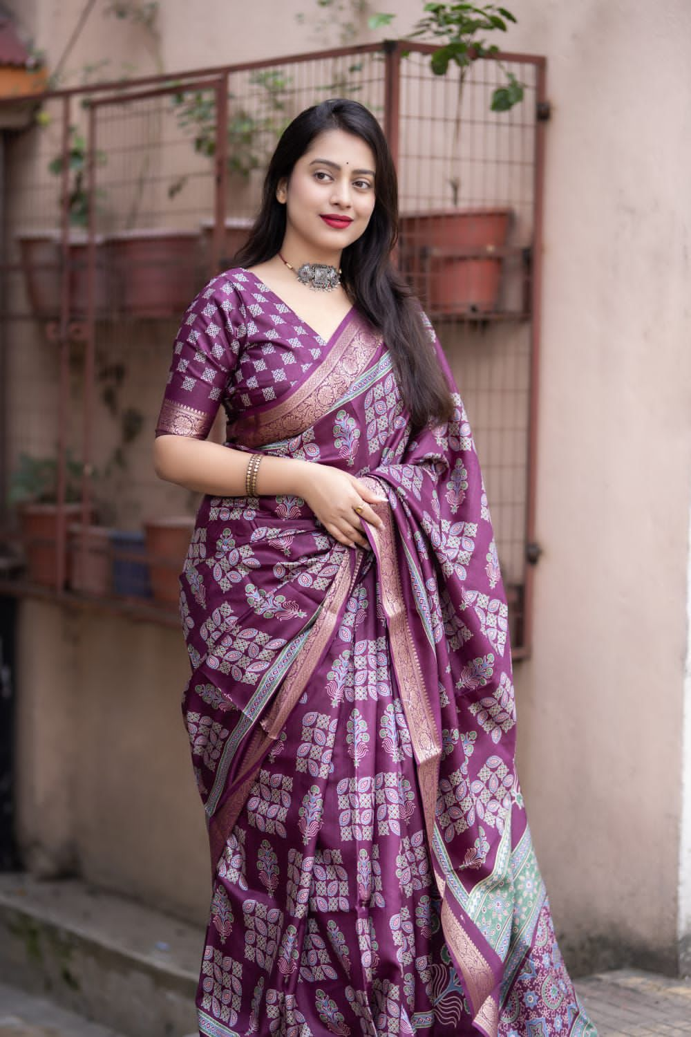 Ajrakh Cotton Silk Saree with Zari Pattu Woven Border and Matching Blouse