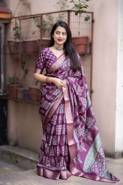 Ajrakh Cotton Silk Saree with Zari Pattu Woven Border and Matching Blouse