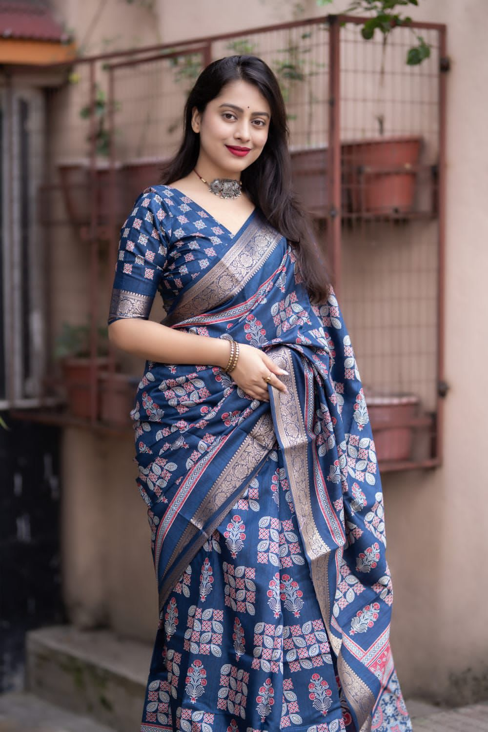 Ajrakh Cotton Silk Saree with Zari Pattu Woven Border and Matching Blouse