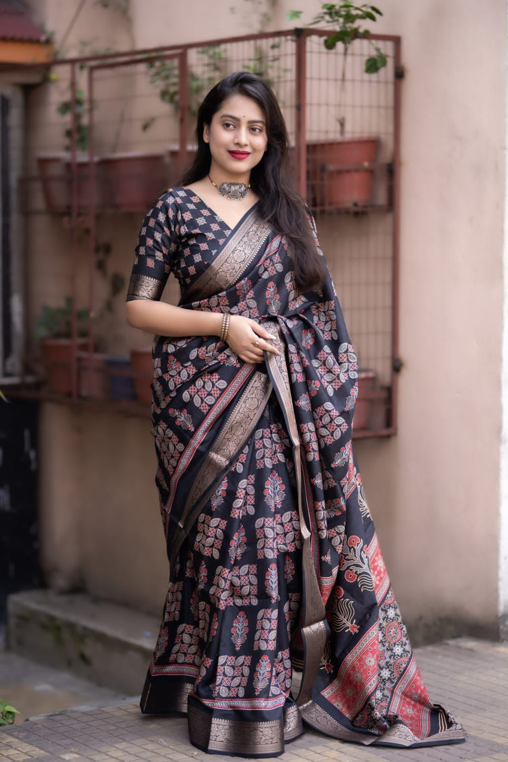 Ajrakh Cotton Silk Saree with Zari Pattu Woven Border and Matching Blouse