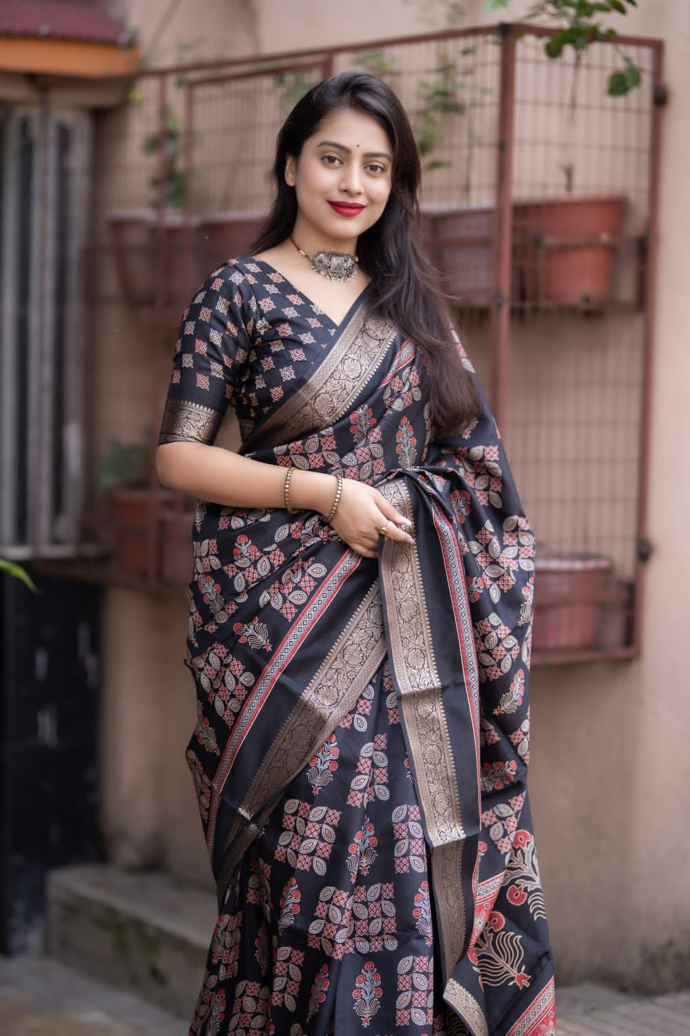 Ajrakh Cotton Silk Saree with Zari Pattu Woven Border and Matching Blouse