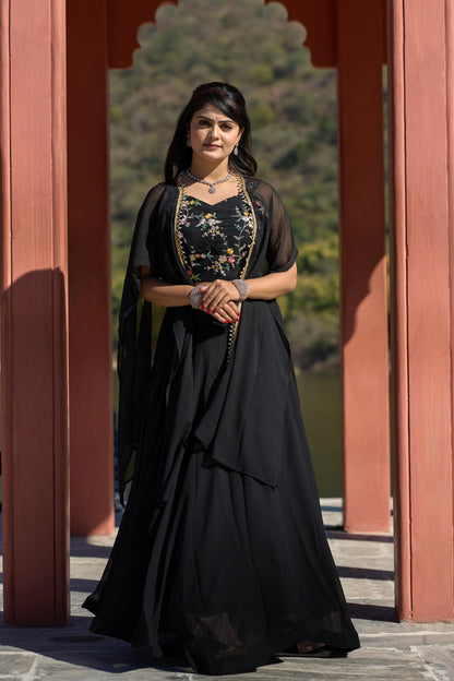 Maroon Embroidered Georgette Lehenga with Dupatta-Styled Koti for Weddings & Festive Wear