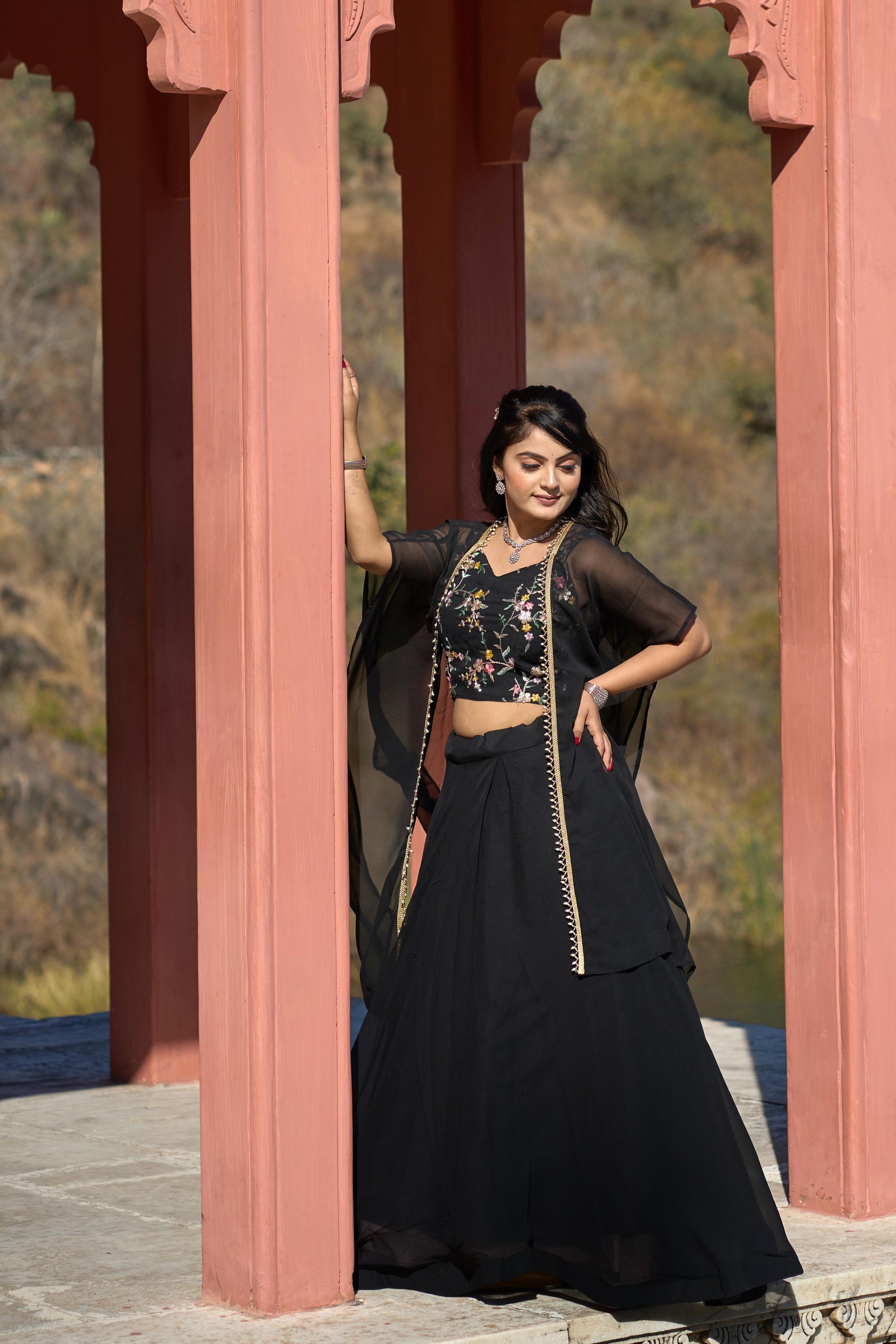 Maroon Embroidered Georgette Lehenga with Dupatta-Styled Koti for Weddings & Festive Wear