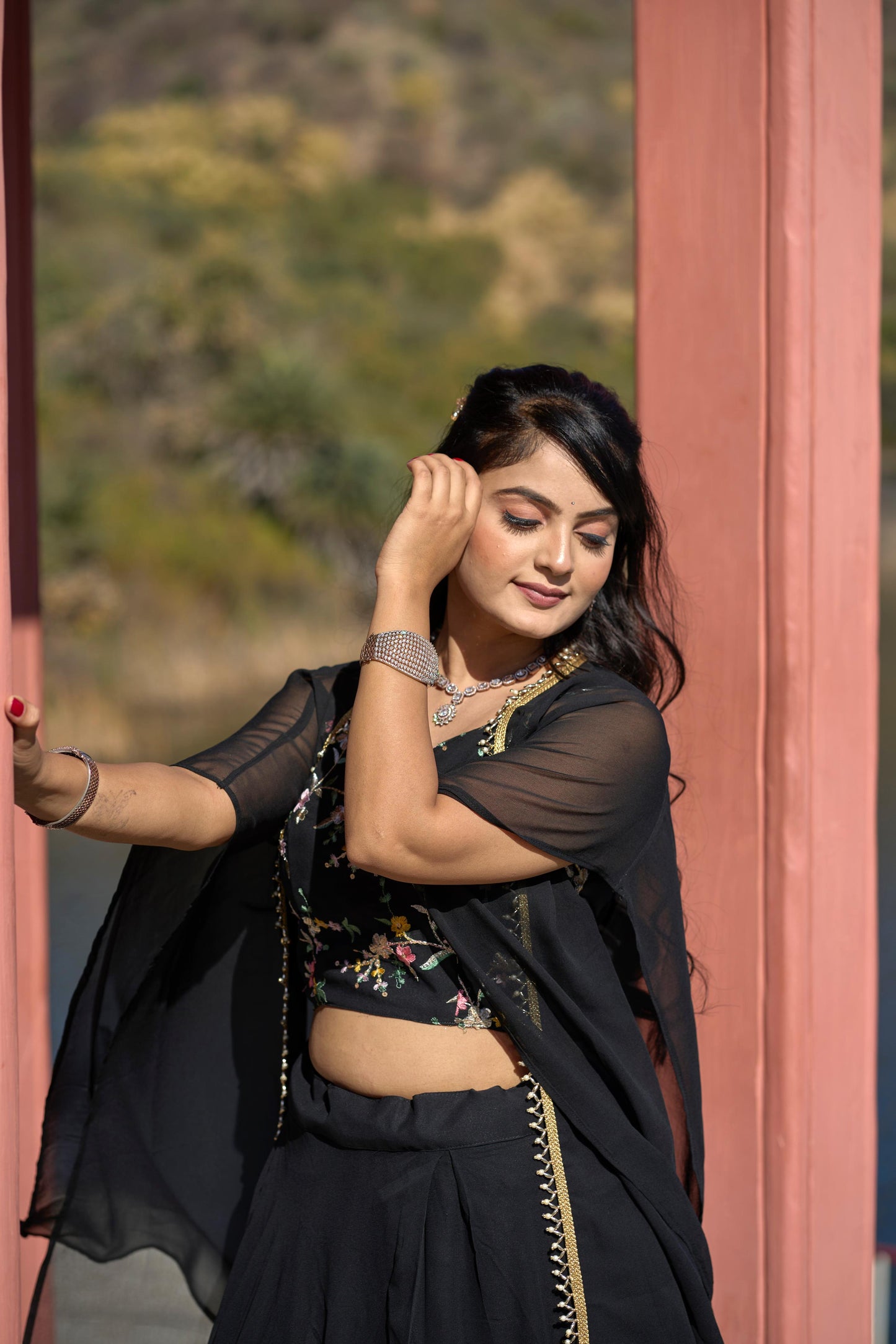 Maroon Embroidered Georgette Lehenga with Dupatta-Styled Koti for Weddings & Festive Wear