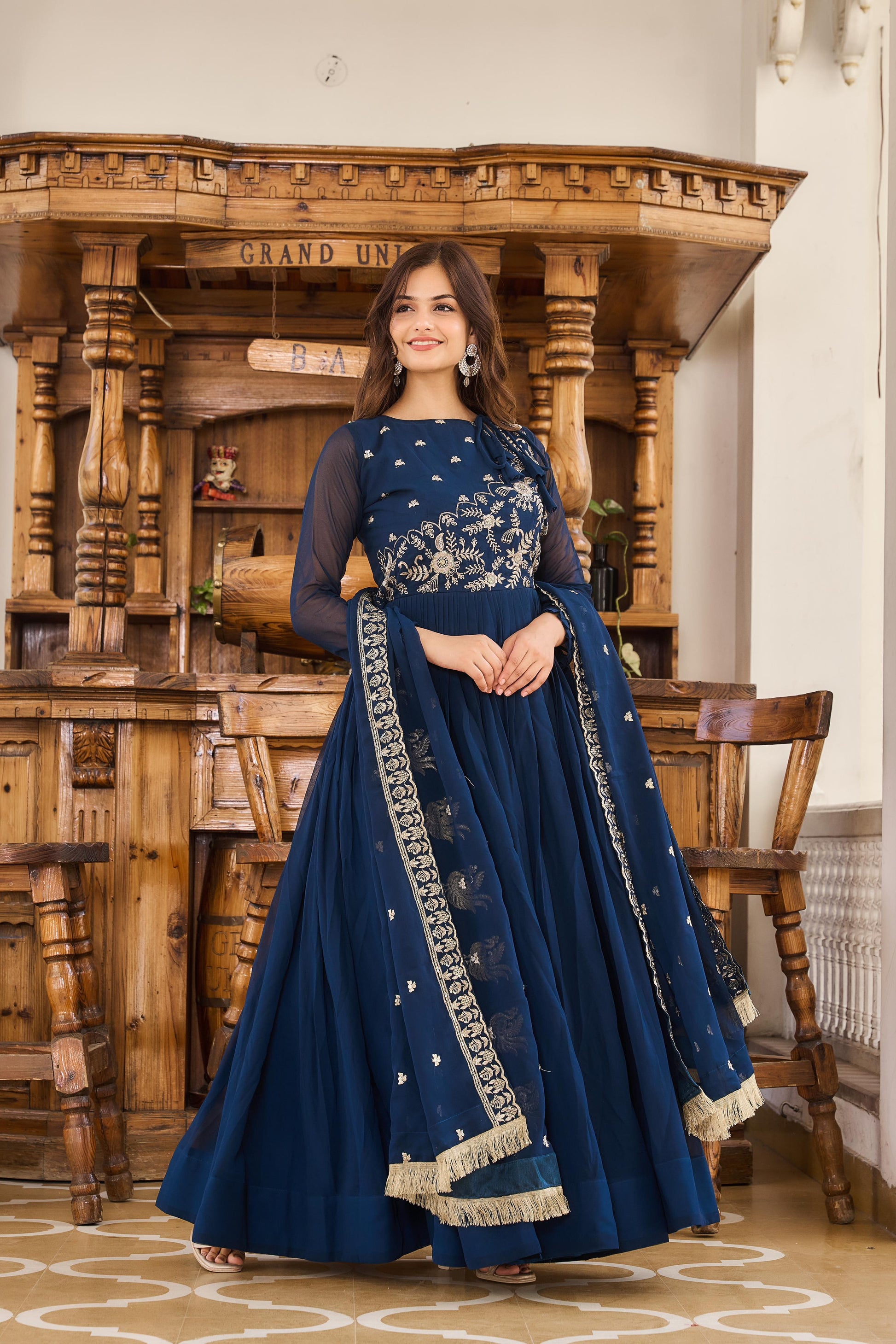 Festival Long Gown with Dupatta in Fox Georgette with Sequins Embroidery