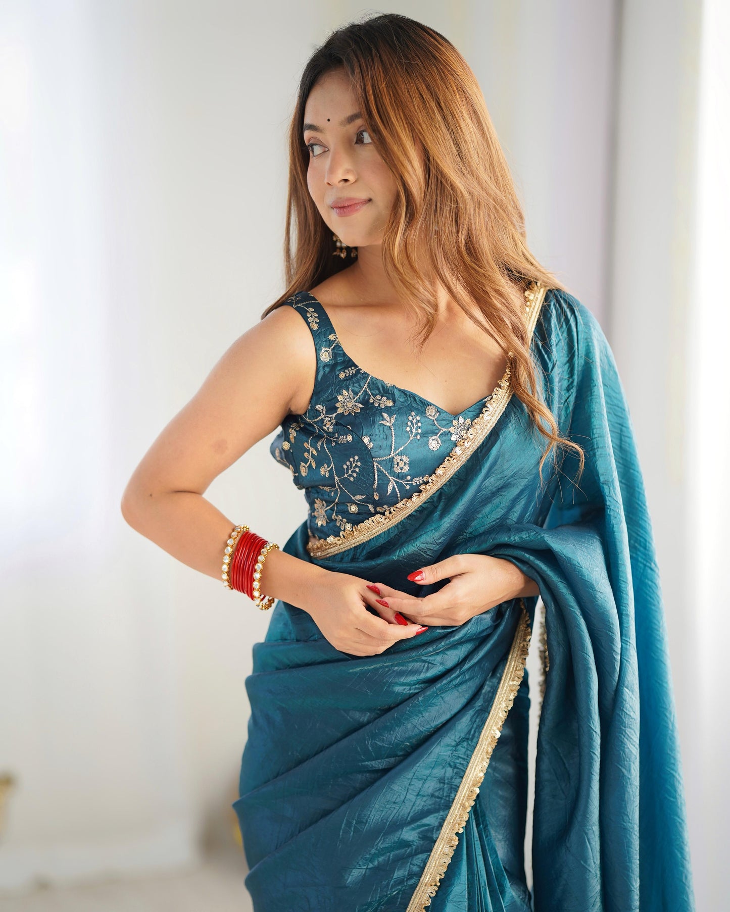 Ready to Wear Gold Crush Tissue Silk Saree – Pre-Draped Saree with Embroidered Blouse