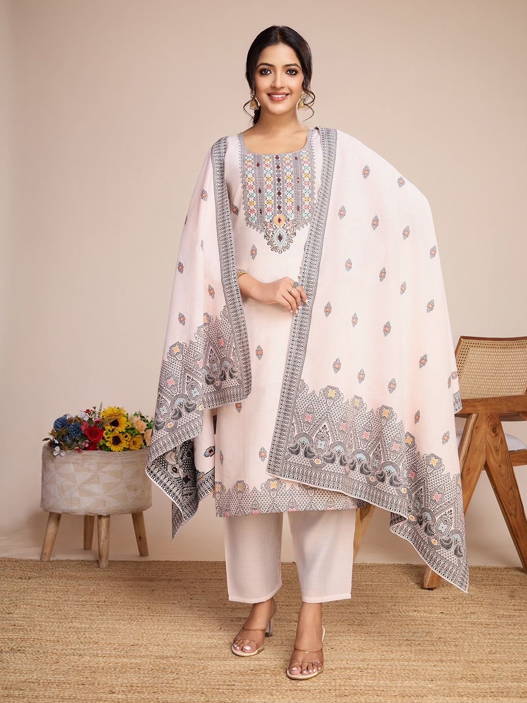 VS Series Cotton Kurti Set with Mirror Work, Jacquard Dupatta & Cotton Bottom