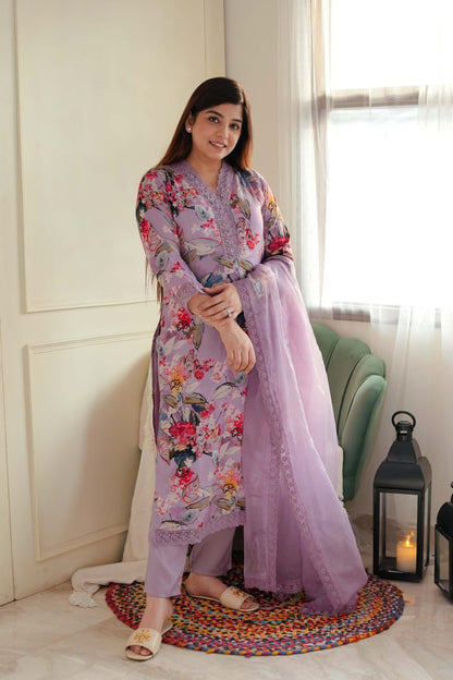 Printed Silk Suit Set with Organza Dupatta – Front View