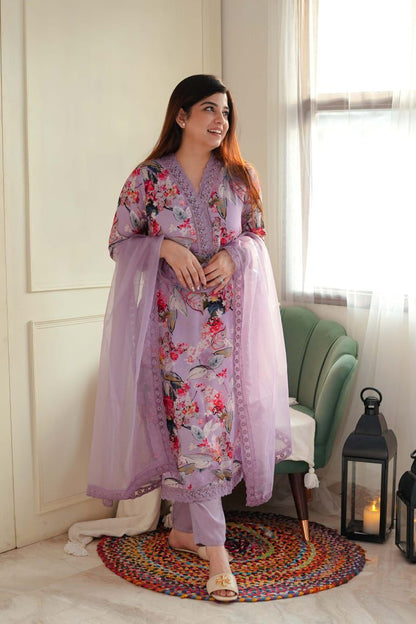 Elegant Multi-Print Silk Suit Set – Styled Look