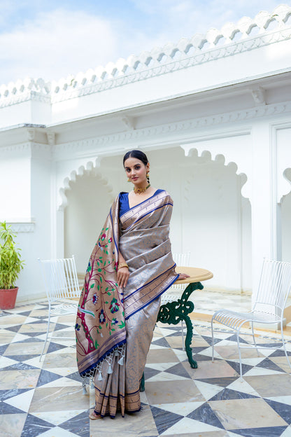 Kanchipuram Paithani Silk Saree with Contrast Border and Rich Paithani Pallu