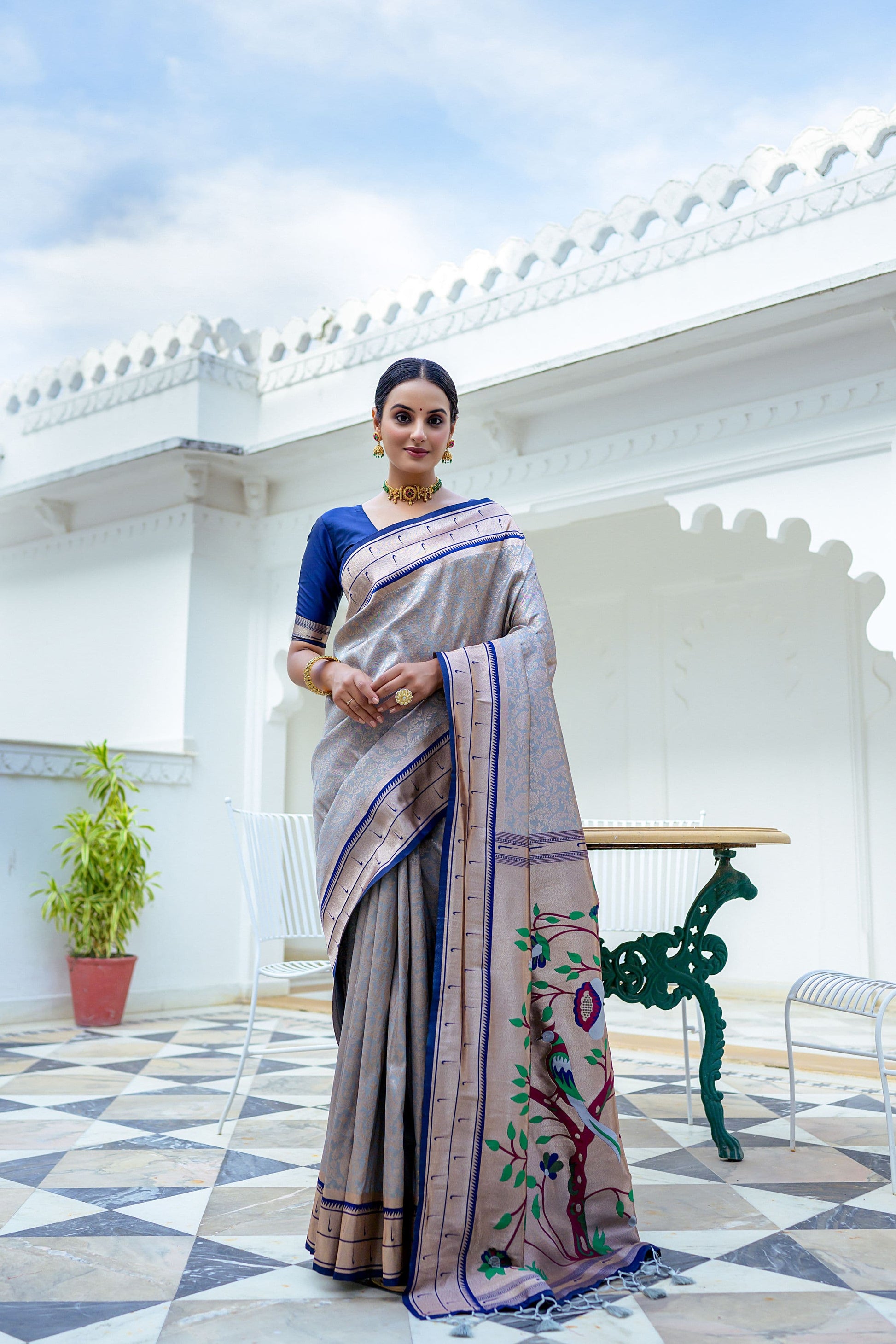 Kanchipuram Paithani Silk Saree with Contrast Border and Rich Paithani Pallu