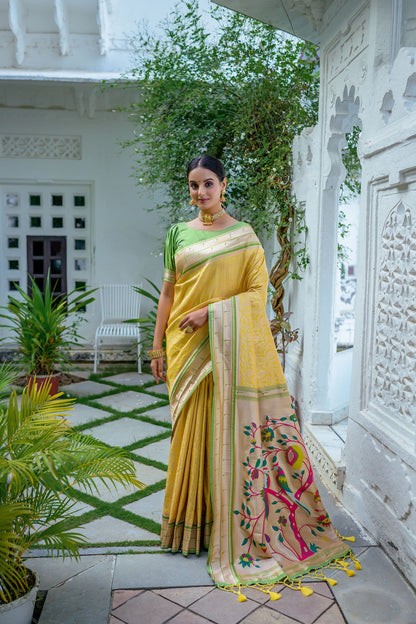 Kanchipuram Paithani Silk Saree with Contrast Border and Rich Paithani Pallu