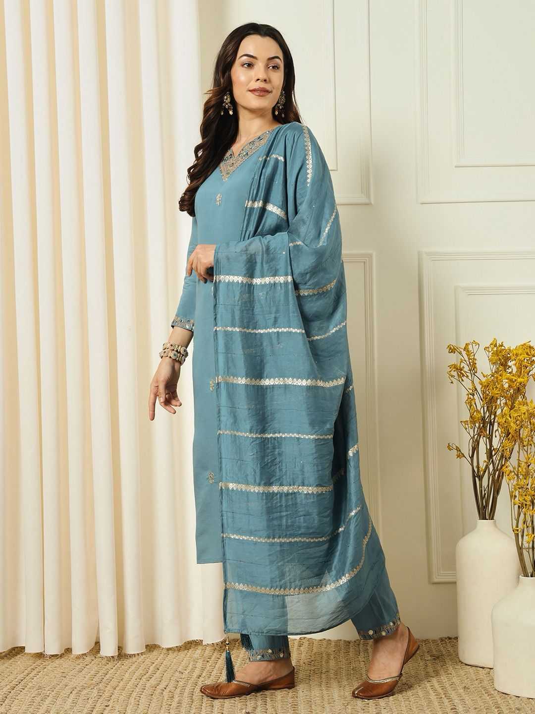 Denim Blue Roman Silk Kurti Set with Pant and Cotton Silk Dupatta