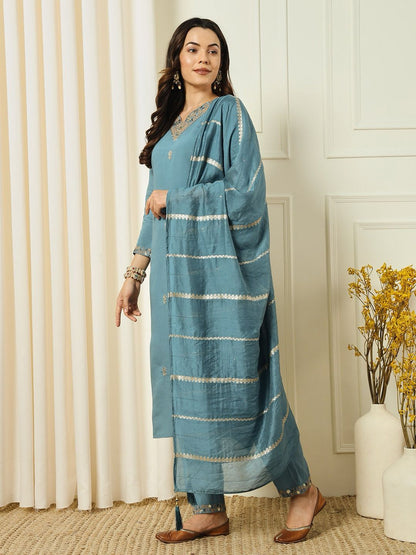 Denim Blue Roman Silk Kurti Set with Pant and Cotton Silk Dupatta