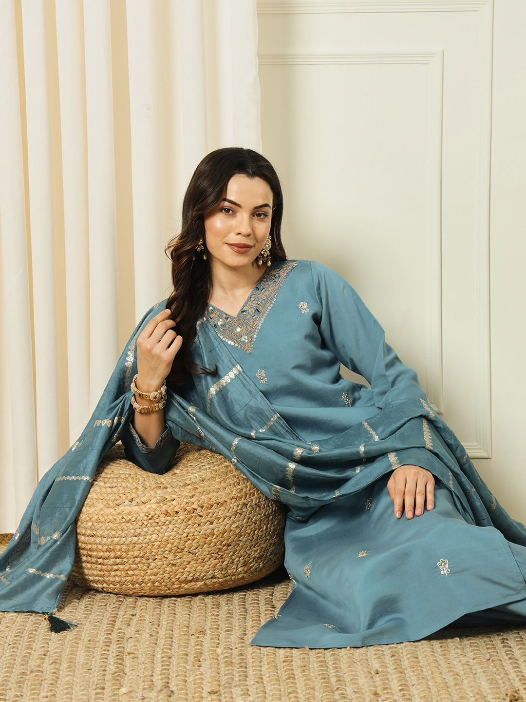 Denim Blue Roman Silk Kurti Set with Pant and Cotton Silk Dupatta