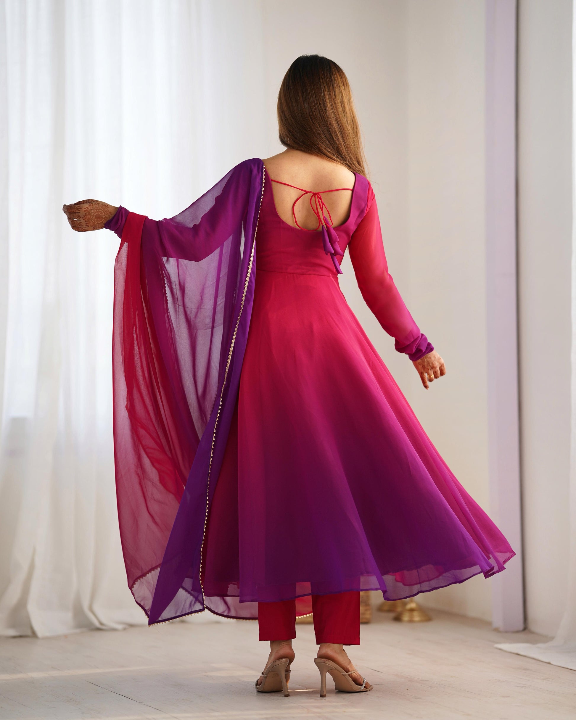 Dark Pink Fox Georgette Anarkali Set with Dupatta and Pants