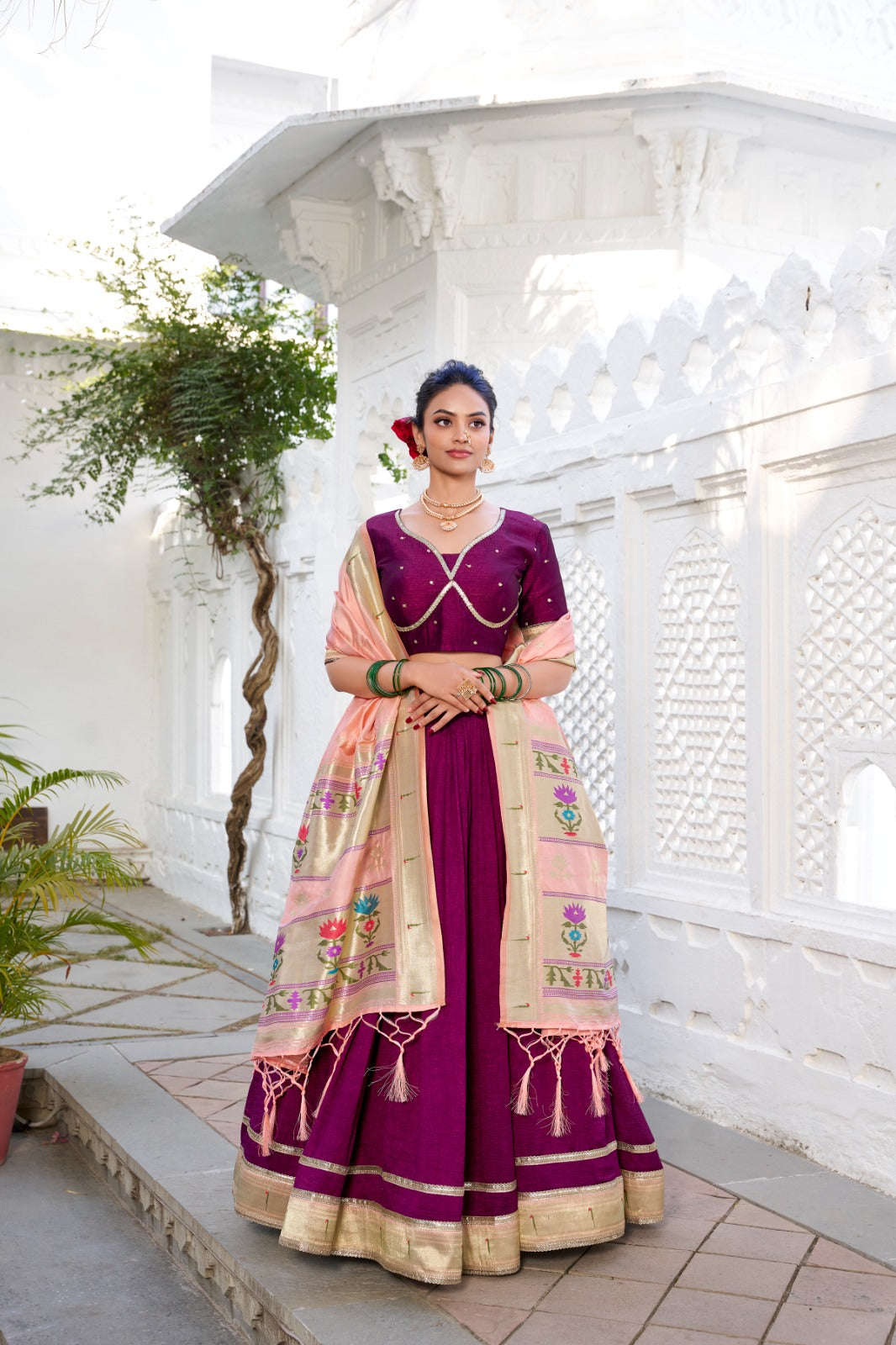 Vichitra Silk Lehenga Choli with Paithani Dupatta and Embroidered Blouse